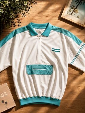Gitano White and Teal Short Sleeve Pullover Shirt